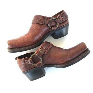 Frye Belted Harness Mule Boots in Tan/Dark Brown